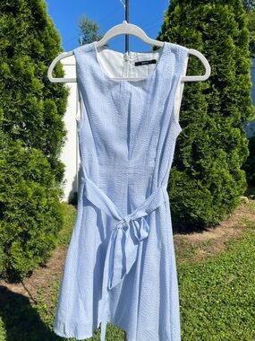 Zaful Seersucker Light Blue Sleeveless Tie-Waist Midi Dress
